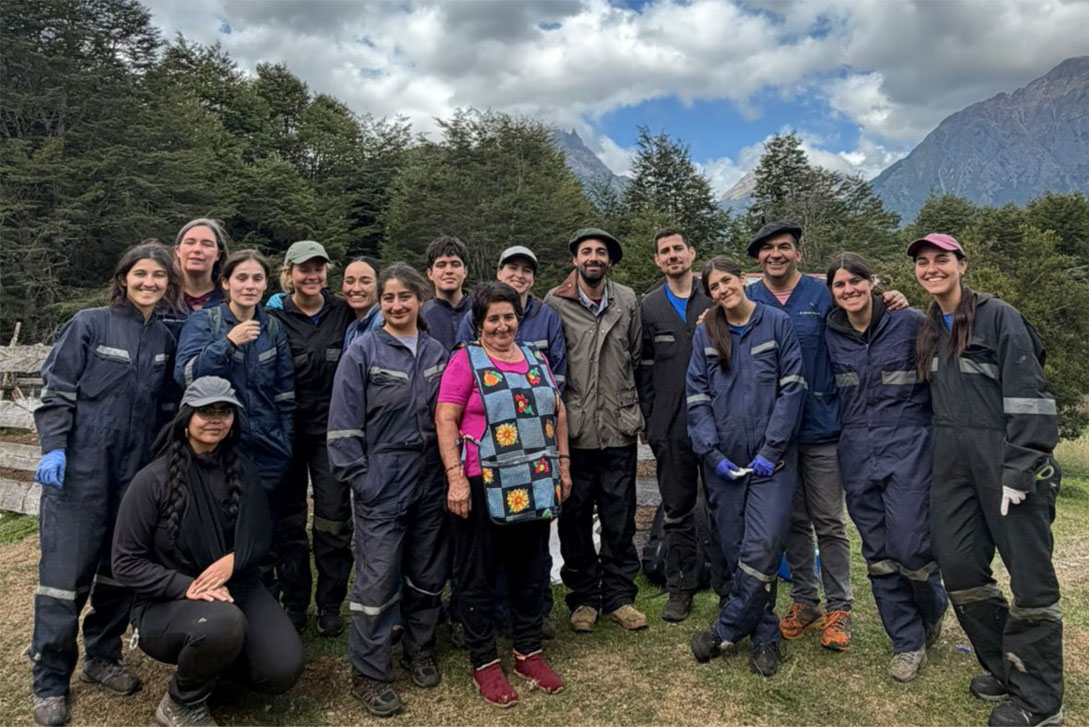 Equipo de estudiantes y académicos Medicina Veterinaria UC en terreno patagónico con montañas al fondo.